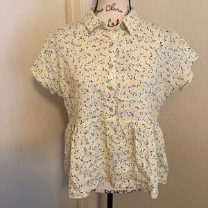 Cynthia Rowley 💯 Linen Lemon 🍋 Print Top Cottage Core Boho Vacation Resort